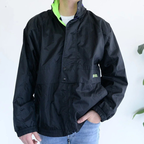Brooks Vintage Y2K Black with  Neon Green Trim Windbreaker ~Large - Picture 2 of 11